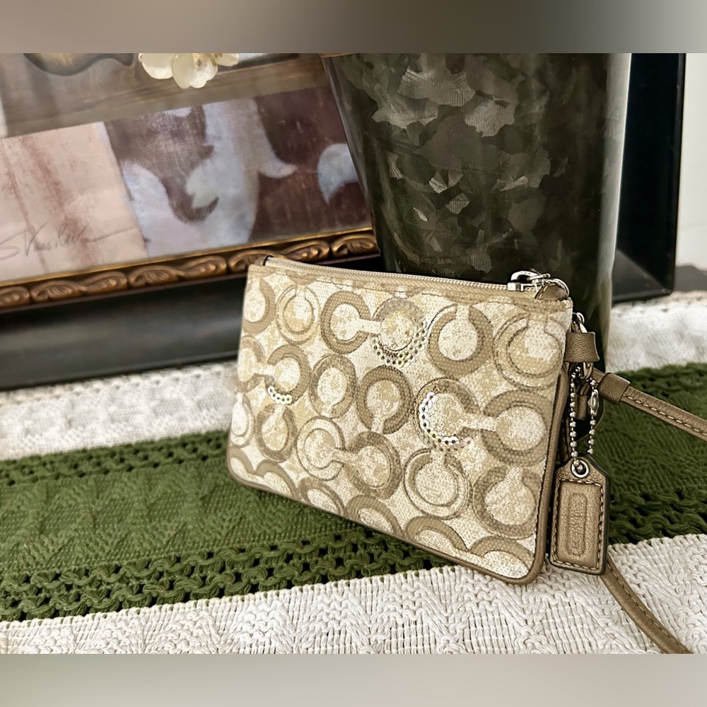 Coach Beige Signature Logo Wristlet with Metallic Accents - Picture 10 of 15